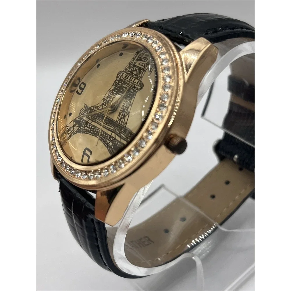 IBELI Women's Watch Eifel Tower Black Leather Band Rhinestone Bezel- New Battery